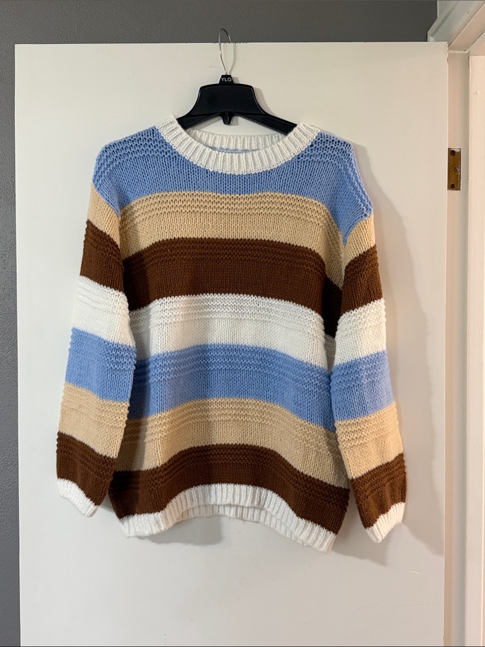 BiBi Striped Crewneck Sweater in Blue, Brown & Cream